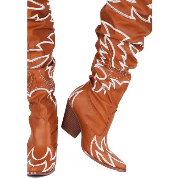 Women Tan Fabric Thigh High Over The Knee Pointed Toe Chunky Heel Fashion Boot - Picture 3 of 6